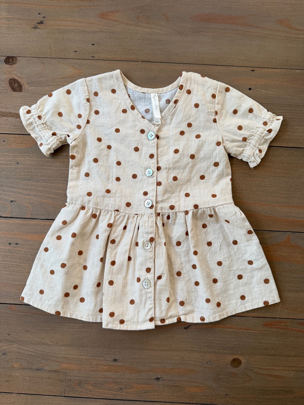 Rylee + Cru Cream Dress with Brown Polka Dots and Button Front - 3-6 Months